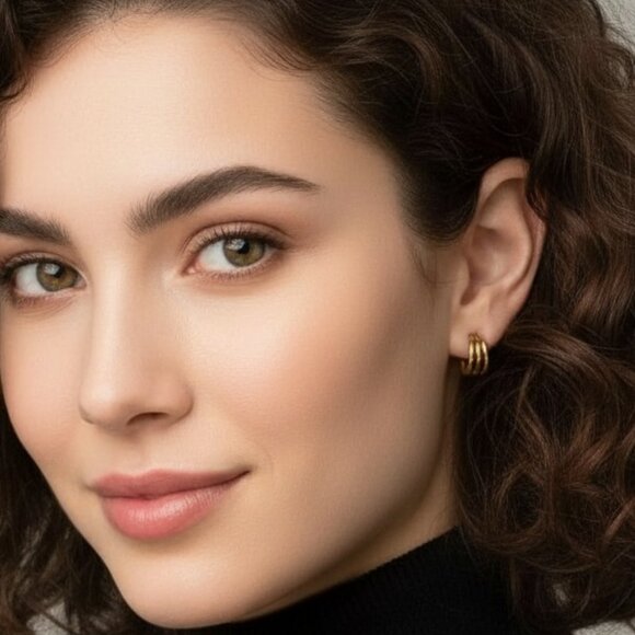 Minimalist Triple Hoop Earrings 18K Gold Plated Stainless Steel Small Dainty - Picture 3 of 12